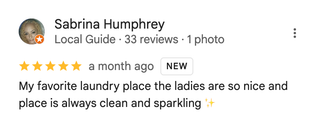 Google review by Sabrina Humphrey praising the friendly staff and clean laundromat