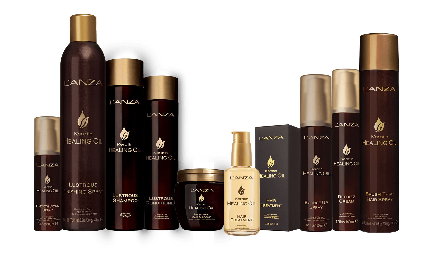 Collection of Lanza hair care products in brown and gold bottles and jars.