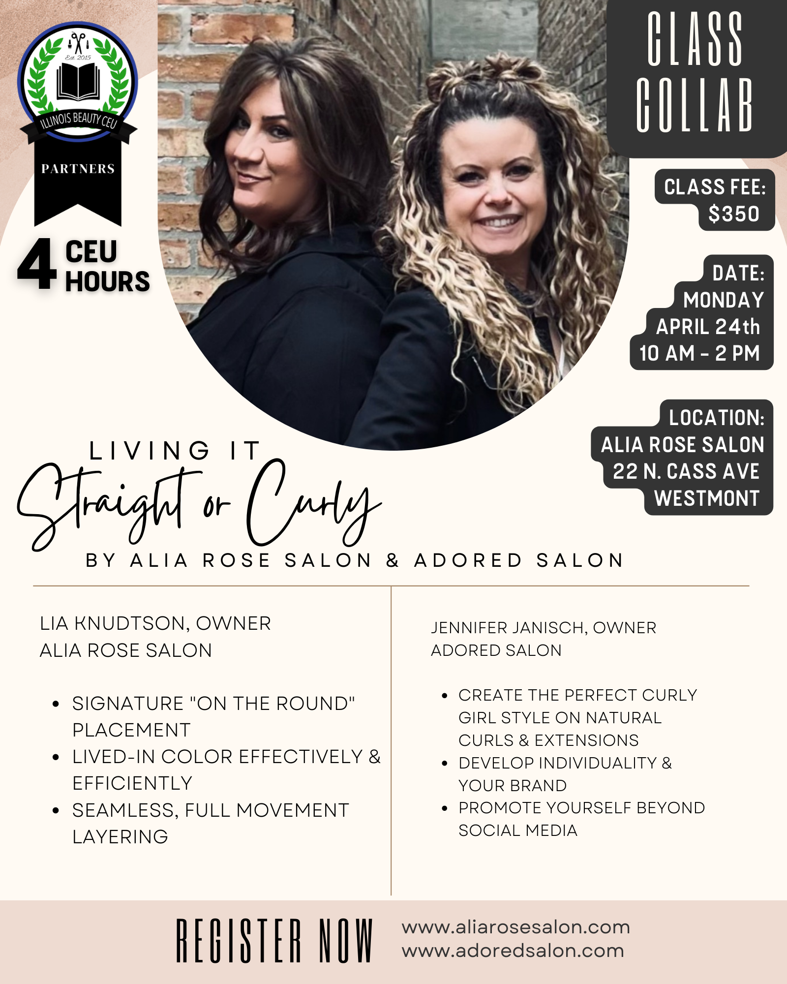Flyer promoting a hair styling class, featuring two women. Includes class details, location, and registration information.