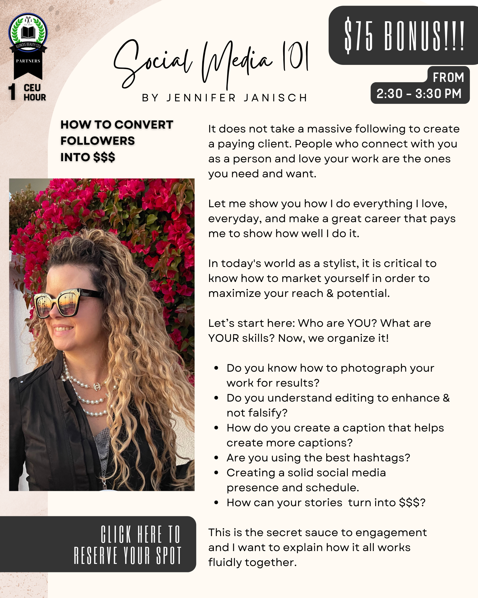 Social media seminar flyer with a woman, and text about converting followers into sales.