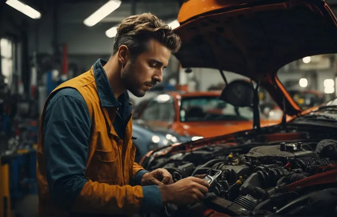 Auto mechanic in a yellow work vest inspecting a vehicle engine inside a professional auto repair shop.