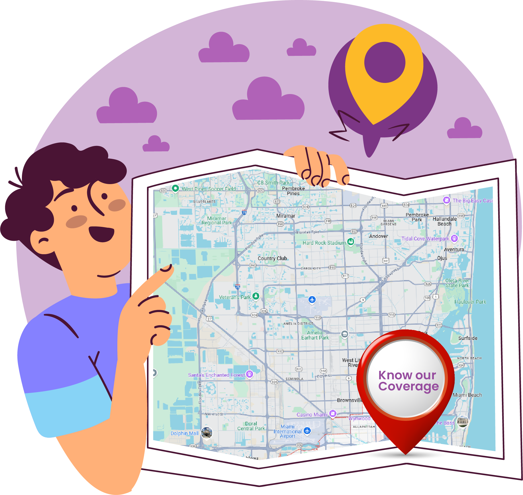 A man is pointing at a map with a pin on it.