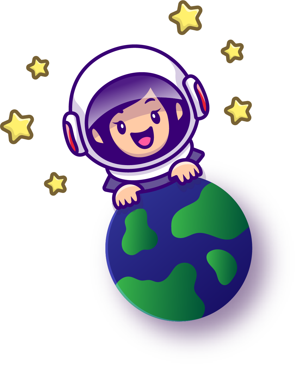A cartoon of an astronaut sitting on top of a globe surrounded by stars.