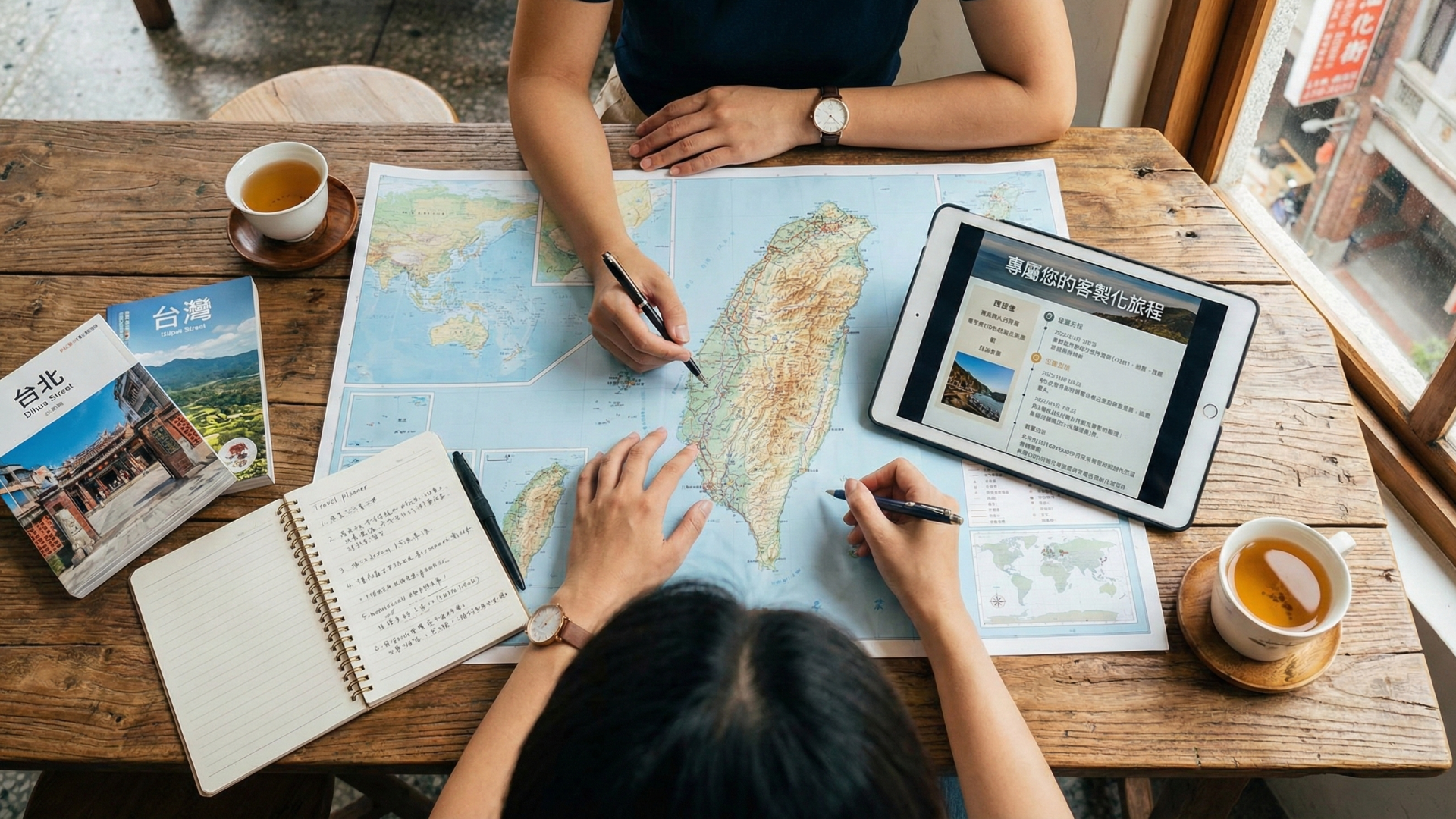 Travelers planning a custom Taiwan itinerary with maps and a tablet