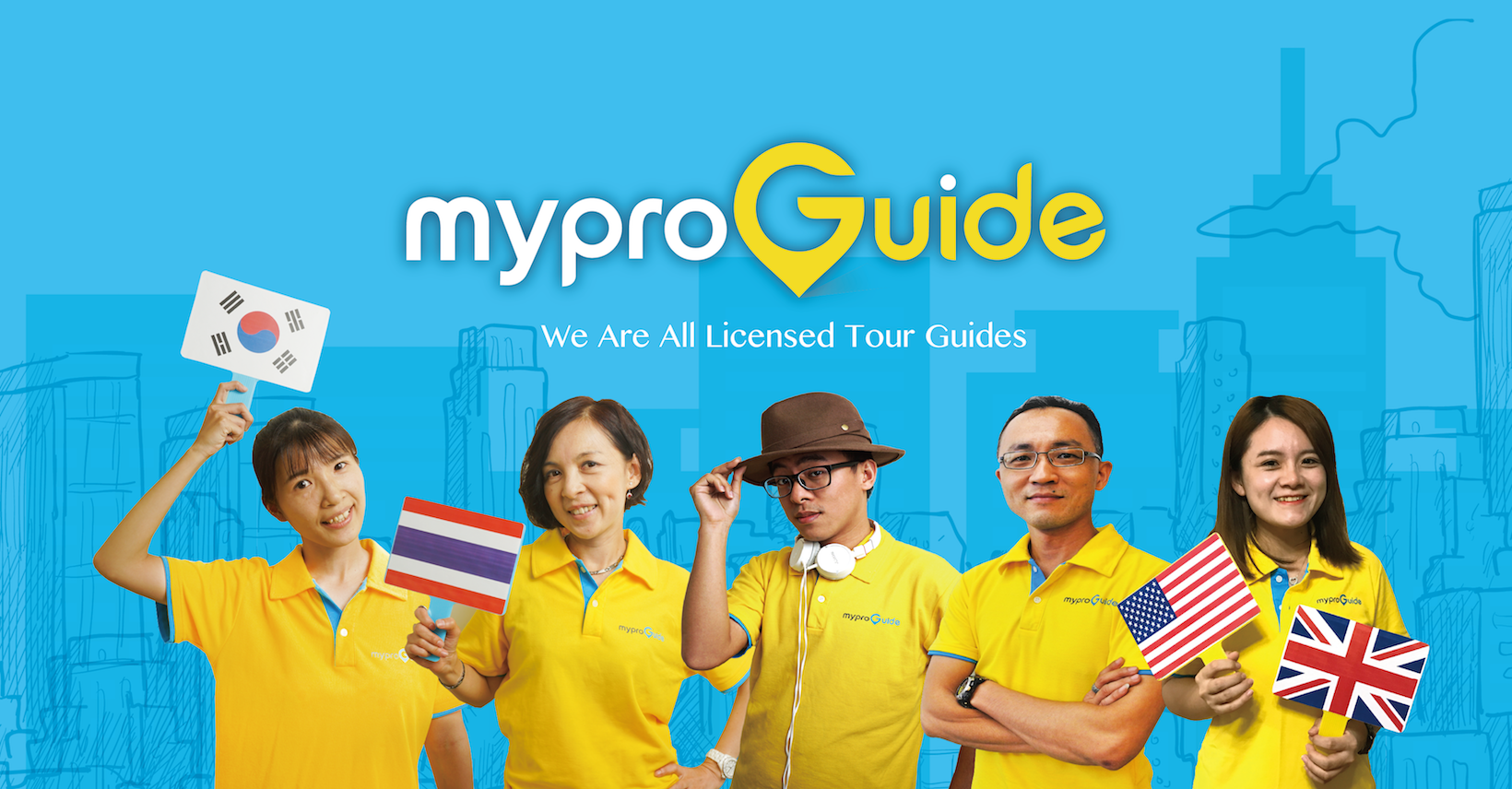 MyProGuide licensed tour guides in yellow uniforms holding international flags