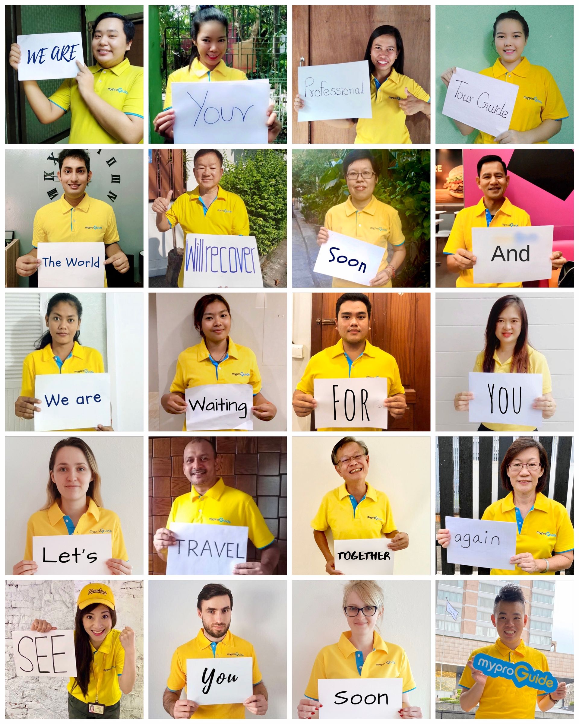 MyProGuide local guides in yellow uniforms holding welcome signs