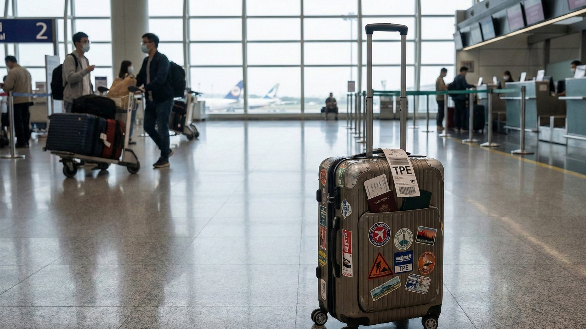 A TPE-tagged suitcase at the airport lobby, ready for a 12-hour Taipei layover trip.