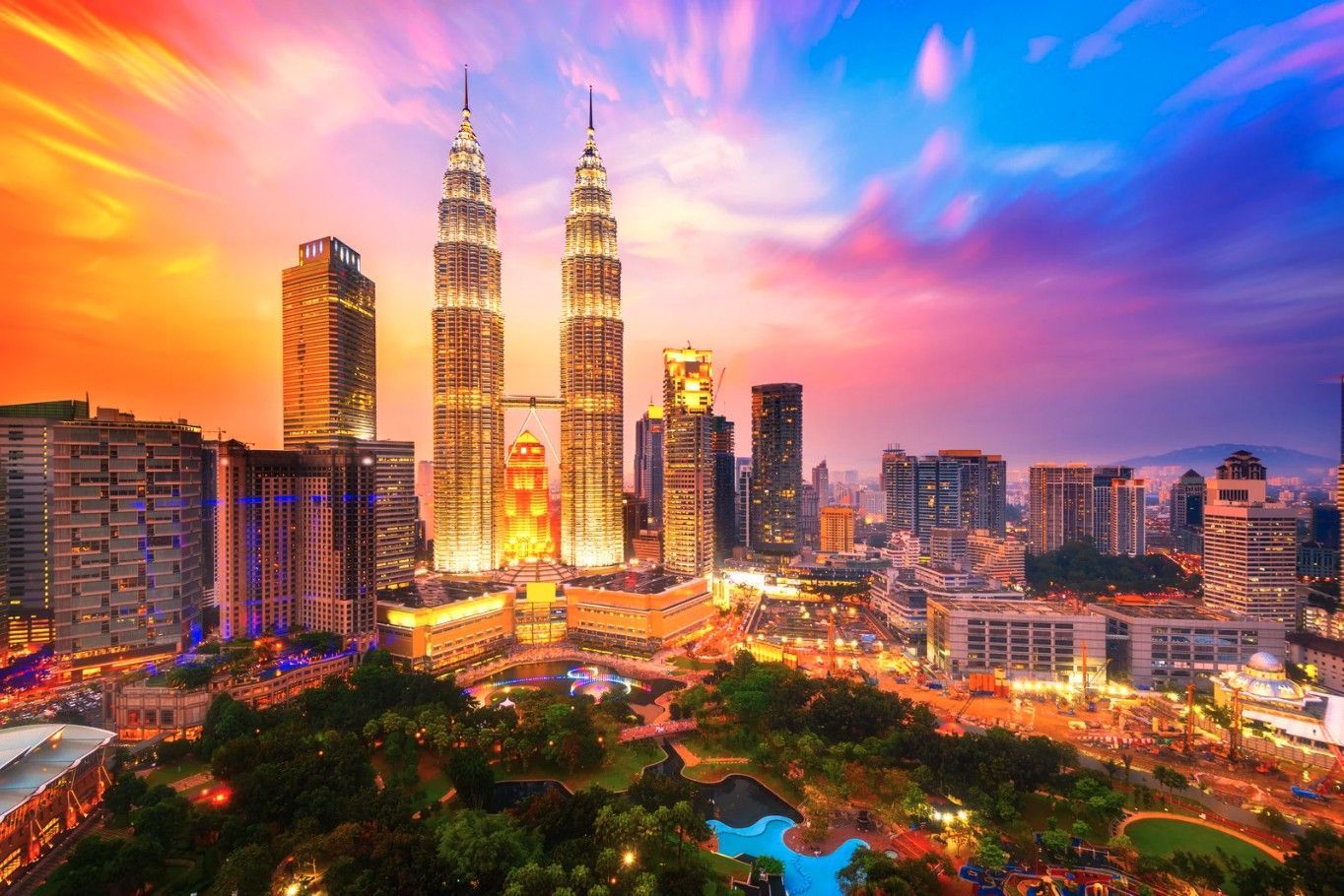 Petronas Twin Towers in Kuala Lumpur, Malaysia at sunset