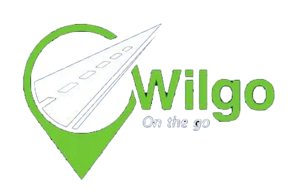 Wilgo logo with green map pin and white airplane, &ldquo;On the go&rdquo; tagline