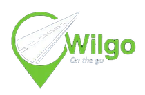 Wilgo logo with green map pin and white airplane, “On the go” tagline