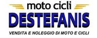 Logo per Moto CiclI DESTEFANIS, testo blu e giallo con “vendita e noleggio di moto e cicli”