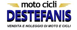 Logo per Moto CiclI DESTEFANIS, testo blu e giallo con “vendita e noleggio di moto e cicli”