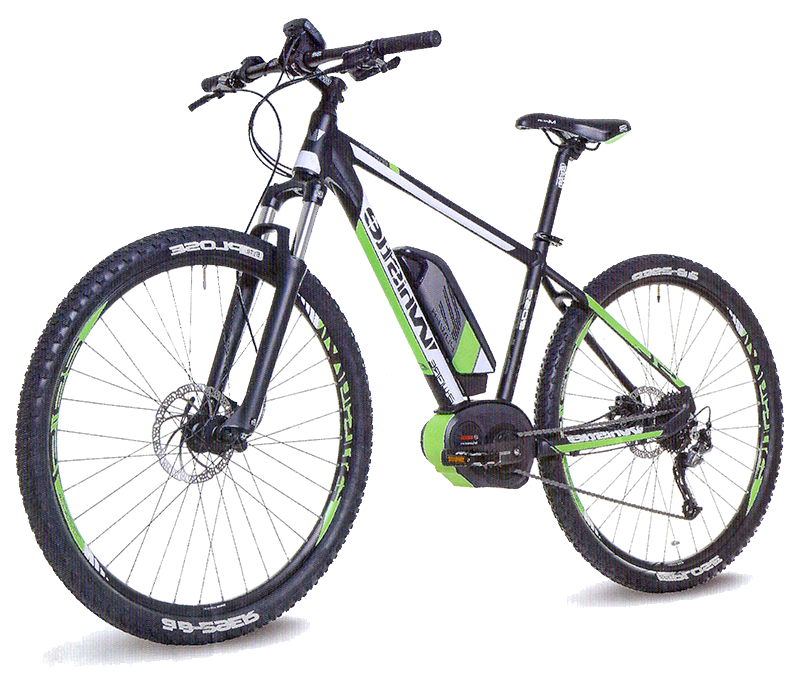 Mountain bike elettrica nera e verde su sfondo bianco