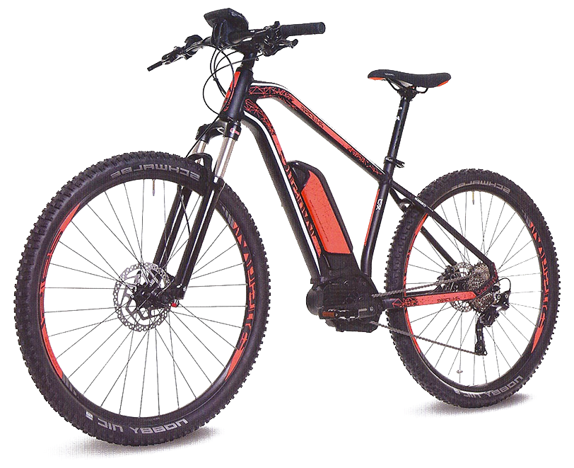 Mountain bike nero e rosso con sospensione anteriore e batteria su sfondo bianco
