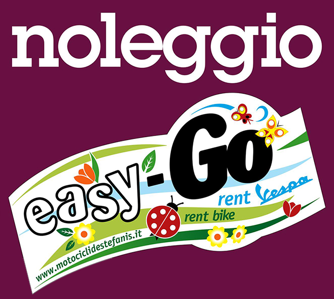 Logo “noleggio easy-Go” bianco e verde su sfondo viola, con la scritta “rent lease” e “rent bike”.