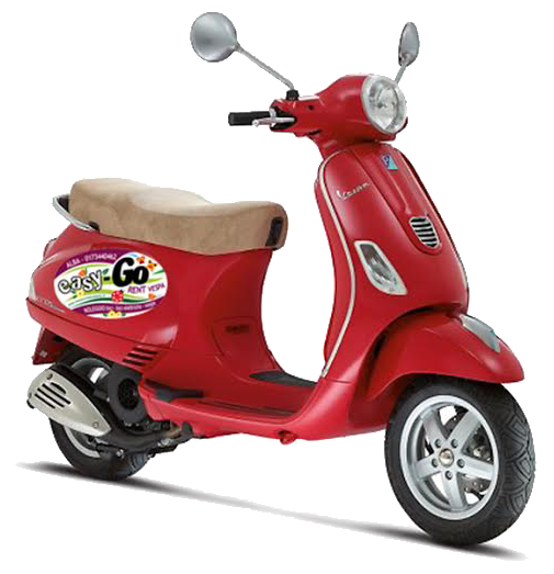 Scooter rosso con sella beige e specchietti cromati su sfondo bianco
