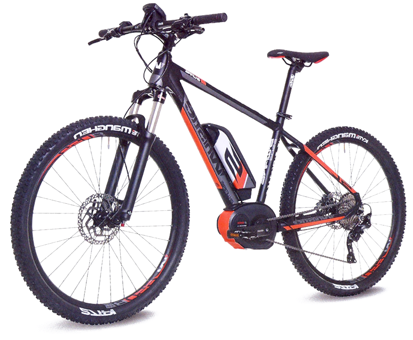 Bicicletta elettrica da montagna nera e arancione su sfondo bianco