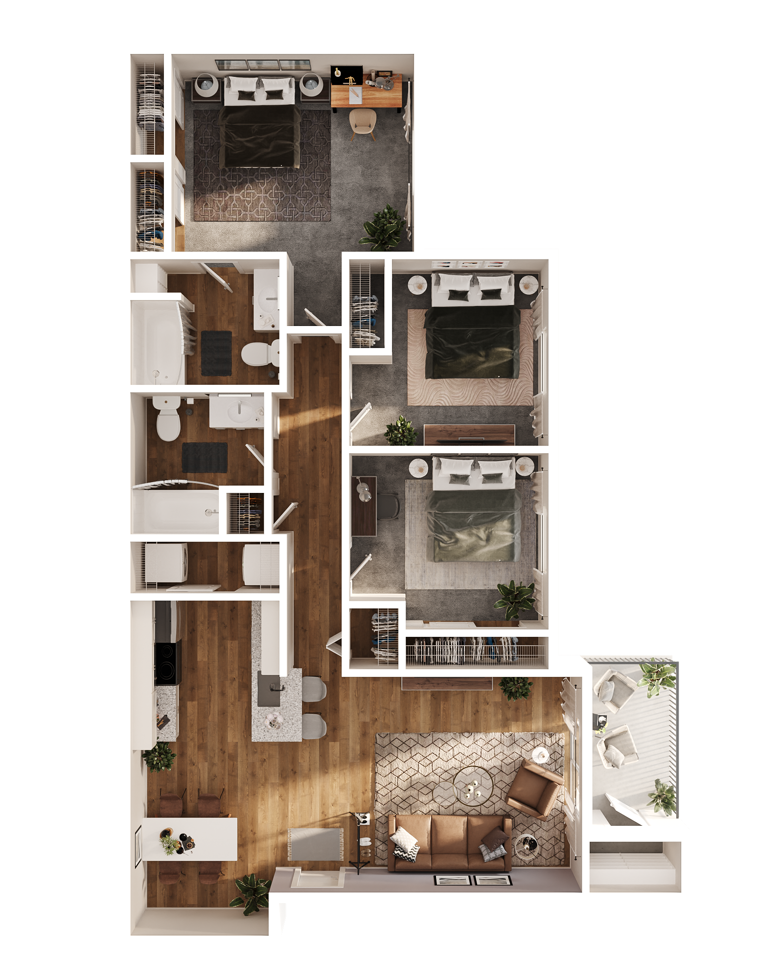 3D floor plan of Anthony Wayne one-bedroom apartment with living room, kitchen, and bath