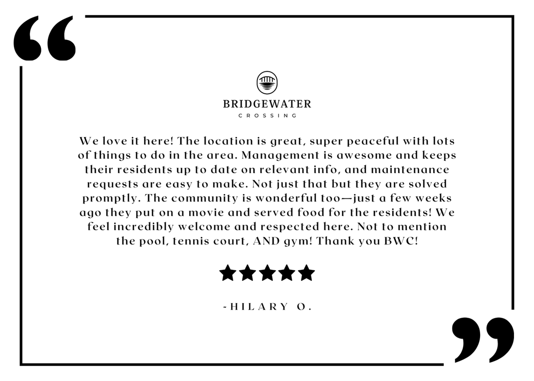 The Bridgewater Crossing resident testimonial graphic with logo and five-star review.