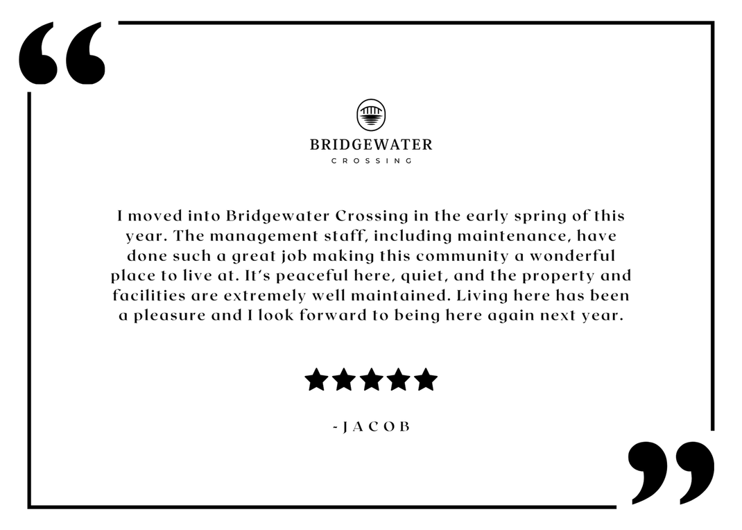 The Bridgewater Crossing resident testimonial graphic with logo and five-star review.