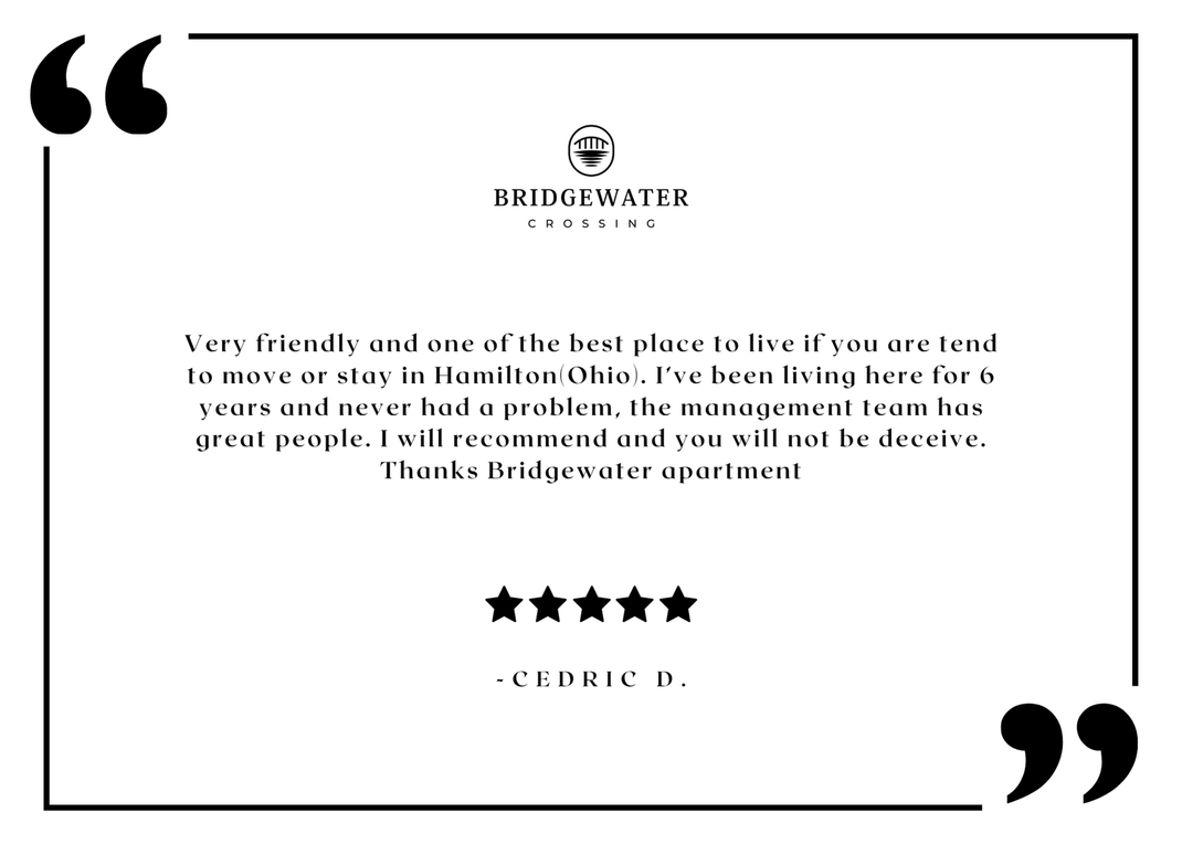 The Bridgewater Crossing resident testimonial graphic with logo and five-star review.