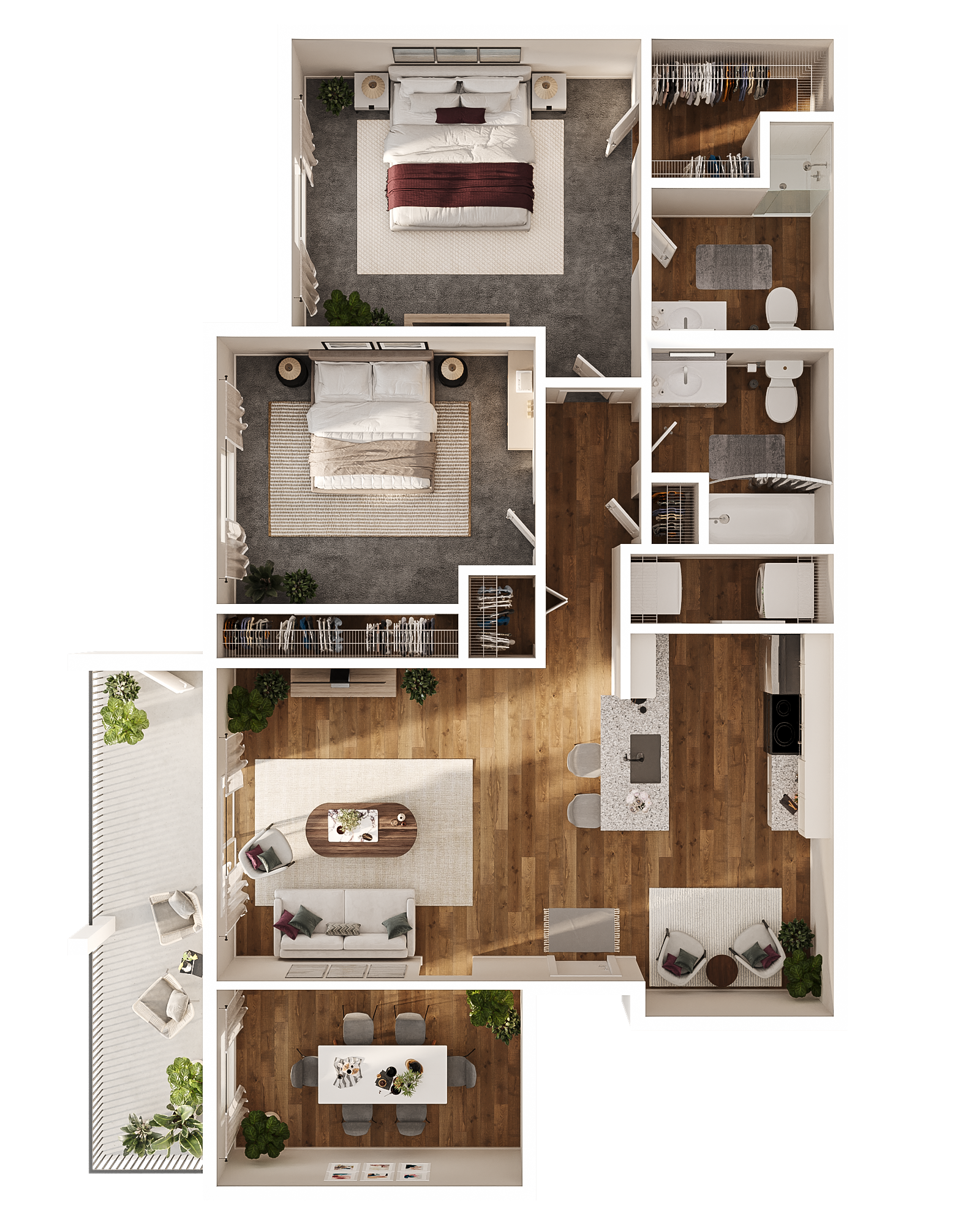 Top-down view of a modern apartment floor plan. Shows bedroom, kitchen, living room, dining area, balcony.