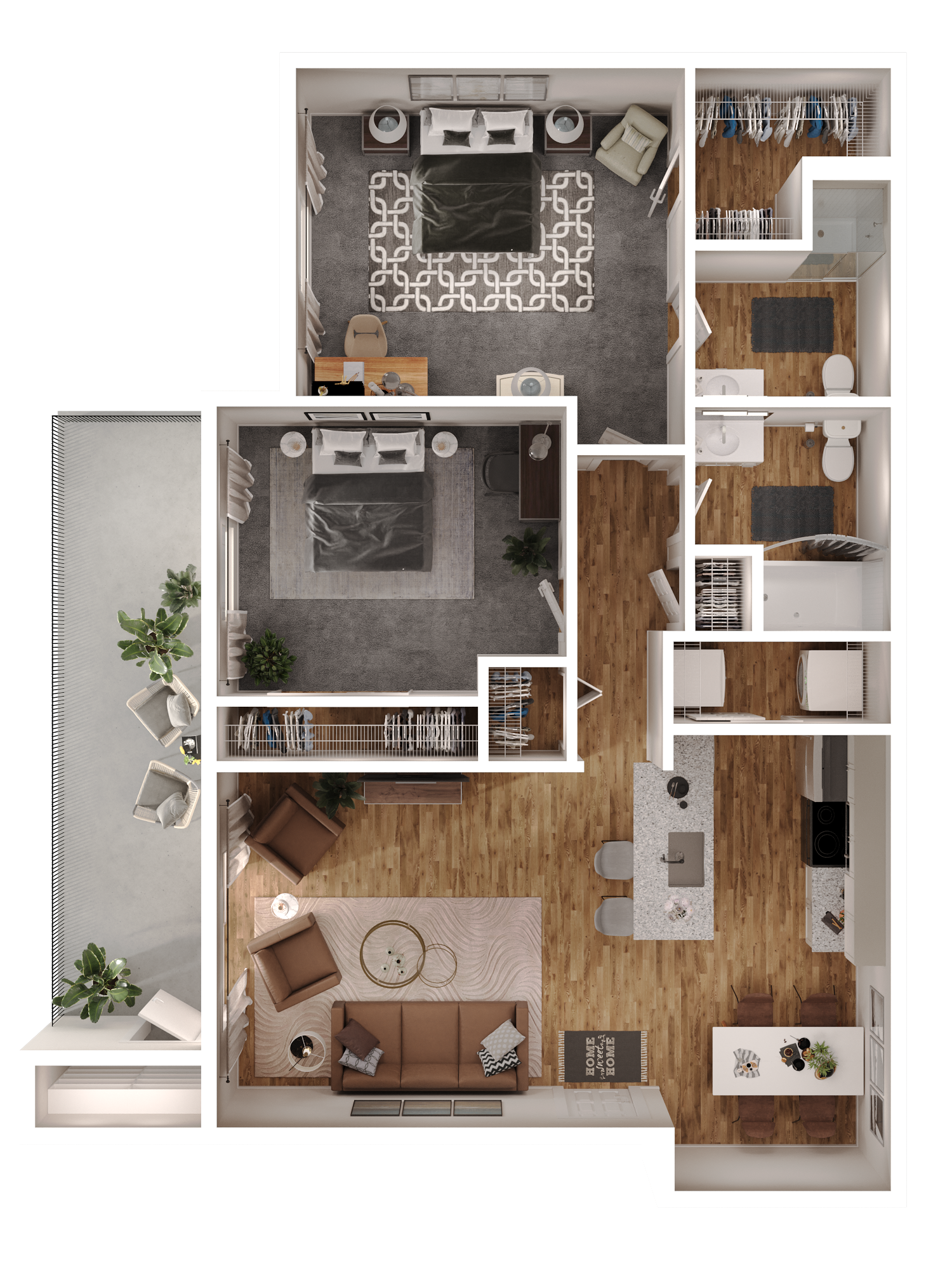 3D floor plan of Ottawa two-bedroom, two-bathroom apartment with open living area