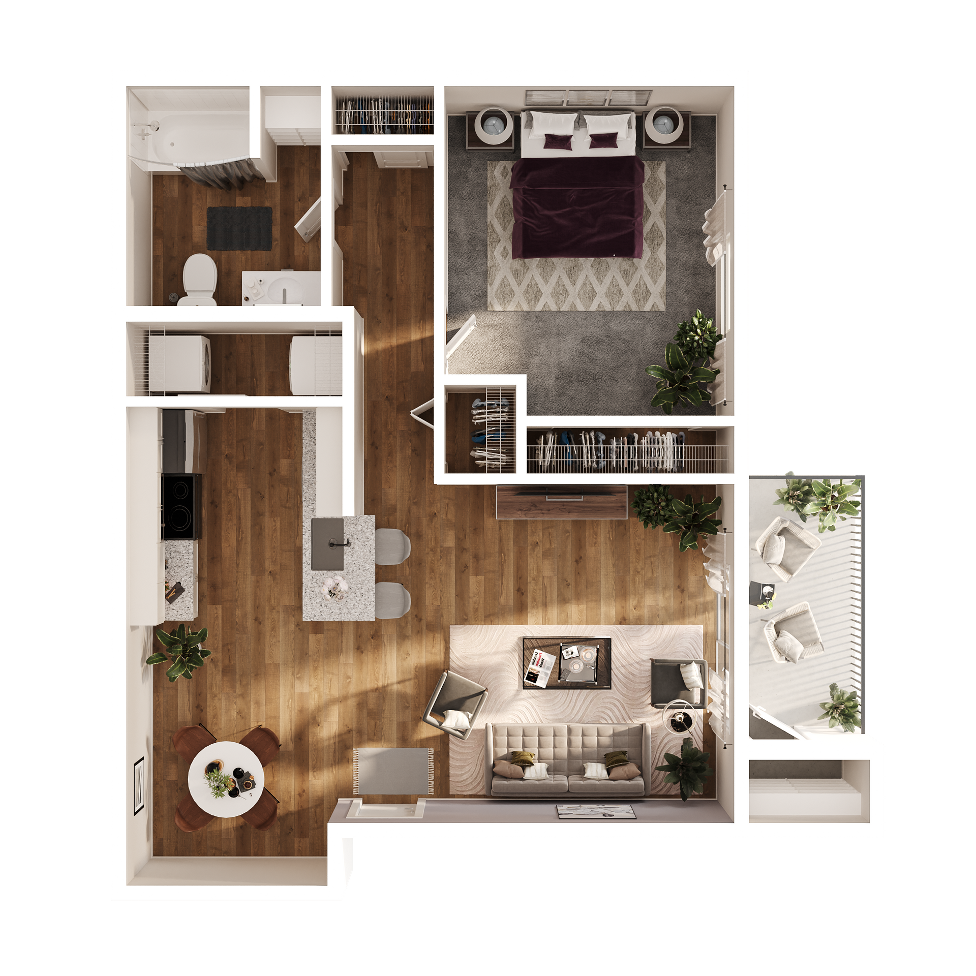 3D floor plan of Paint Creek one-bedroom apartment with open living area and kitchen