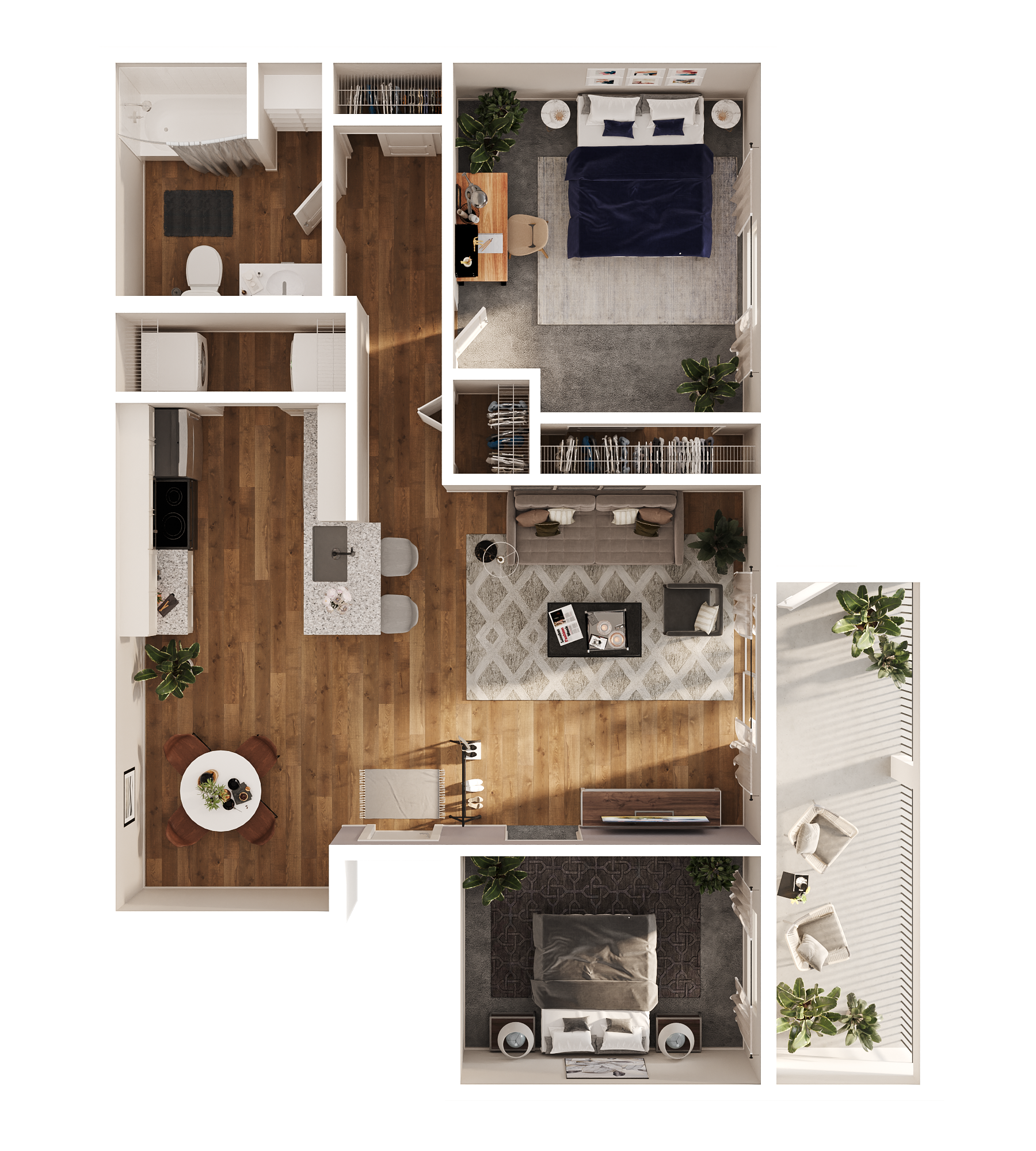 3D floor plan of Paint Creek Den one-bedroom apartment with additional den space