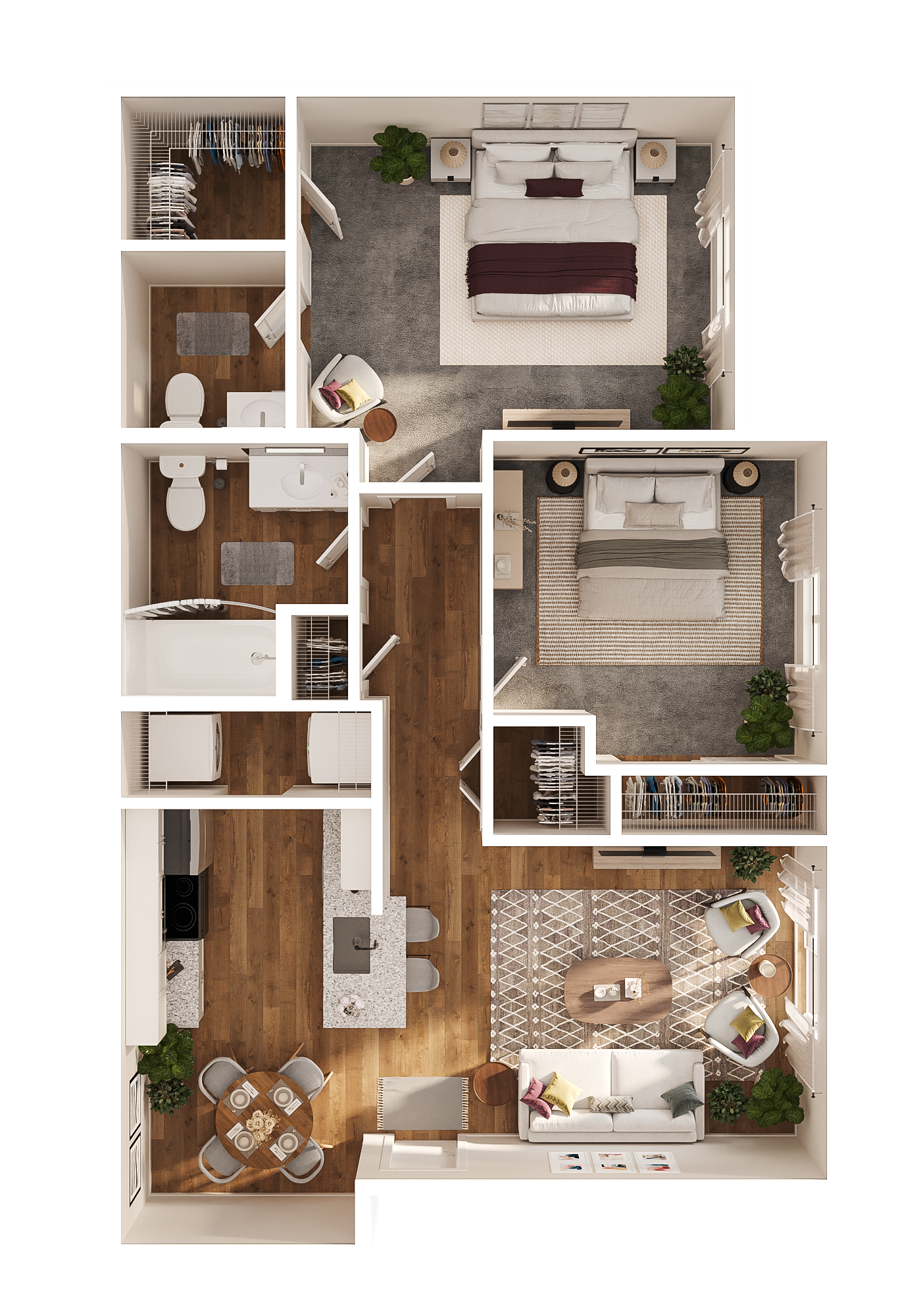 3D floor plan of Rocky River one-bedroom apartment with spacious bedroom and living room