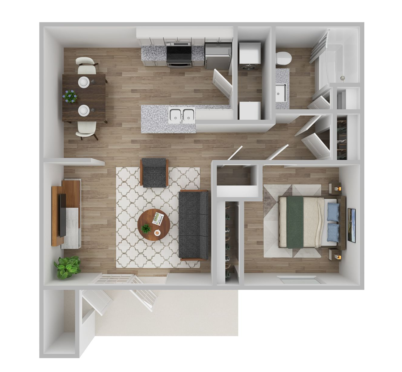 Floor plan of a multi-bedroom apartment with a kitchen, living room, and balcony.