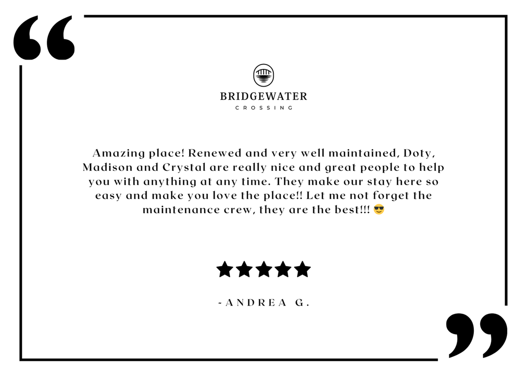 The Bridgewater Crossing resident testimonial graphic with logo and five-star review.