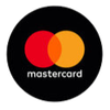 Mastercard logo: overlapping red and orange circles on a black background, with the word 