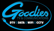 the logo for goodies tv and communications is blue and black