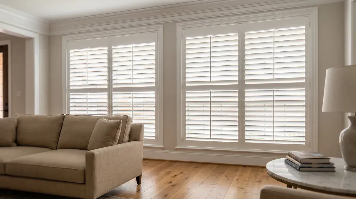 White plantation shutters installed in two tall living room windows above wide oak floors