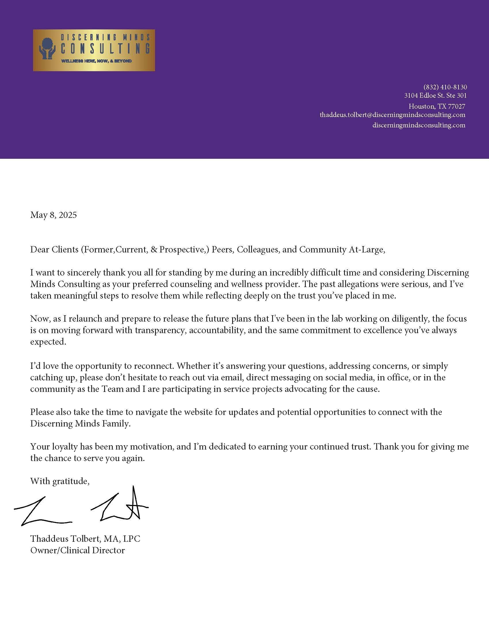 Letterhead document with purple background and black text. Signature at bottom.