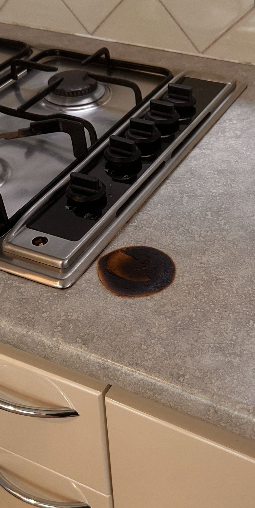 Benchtop surface repaired — before and after comparison