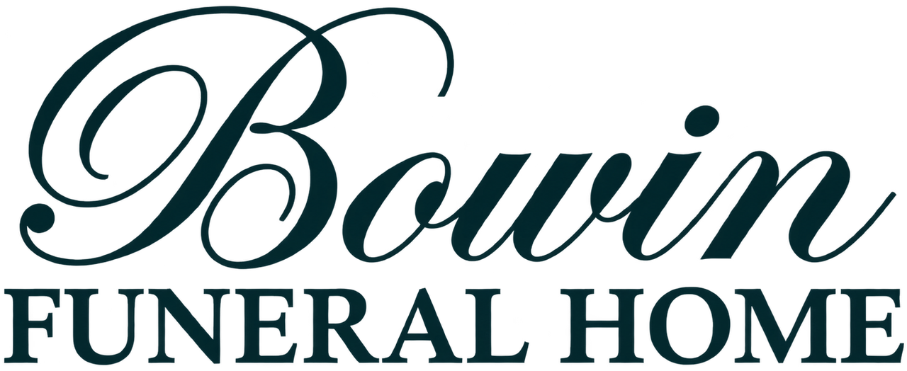 Bowin Funeral Home logo in dark green script and serif text on a white background