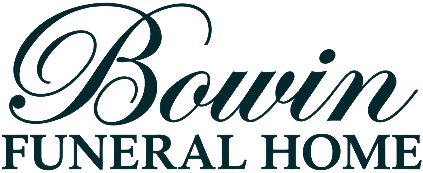 Bowin Funeral Home logo in dark green script and serif text on a white background