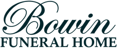 Bowin Funeral Home logo in dark green script and serif text on a white background