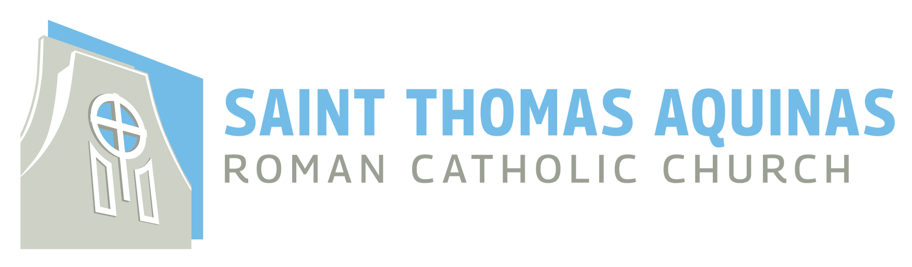 Saint Thomas Aquinas Roman Catholic Church logo with blue church icon and text on white background