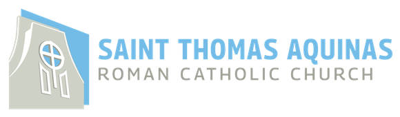 Saint Thomas Aquinas Roman Catholic Church logo with blue church icon and text on white background