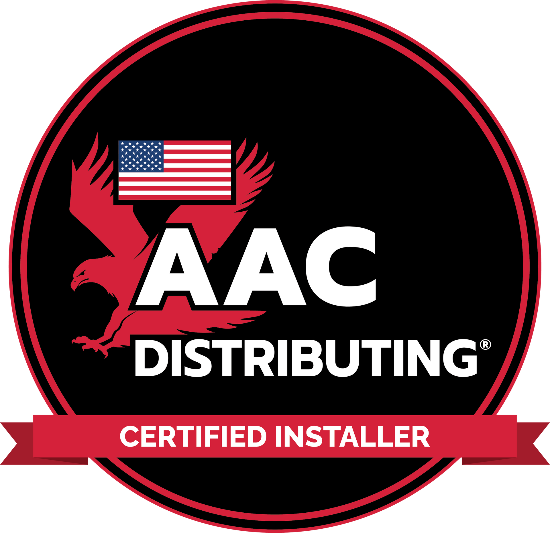 Logo for AAC Distributing, with an American flag, eagle, and text 