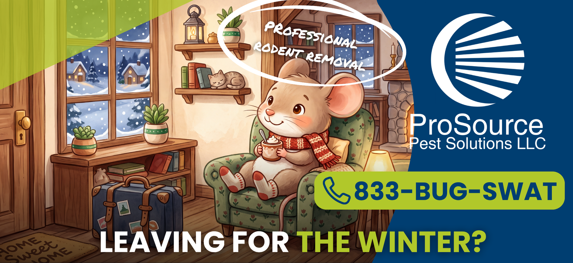 Winter-skinned cartoon child by a window with the text “LEAVING FOR THE WINTER?” and ProSource Pest Control logo