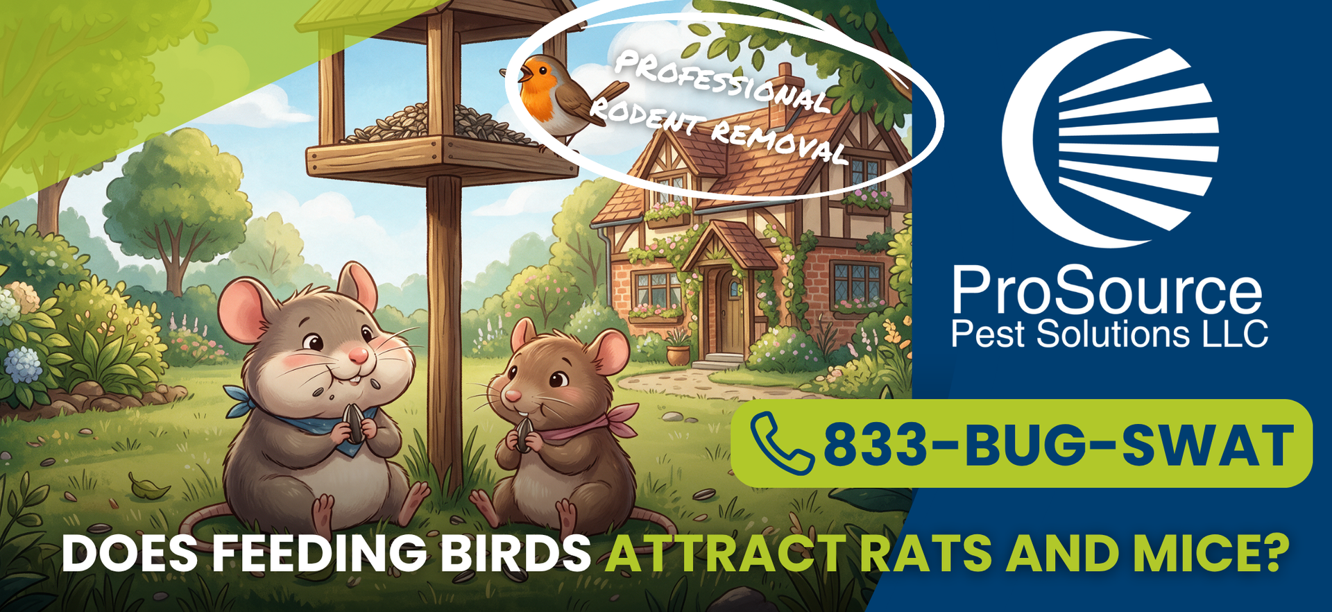 ProSource pest ad with cartoon mice and birds; text: “Does feeding birds attract rats and mice?”
