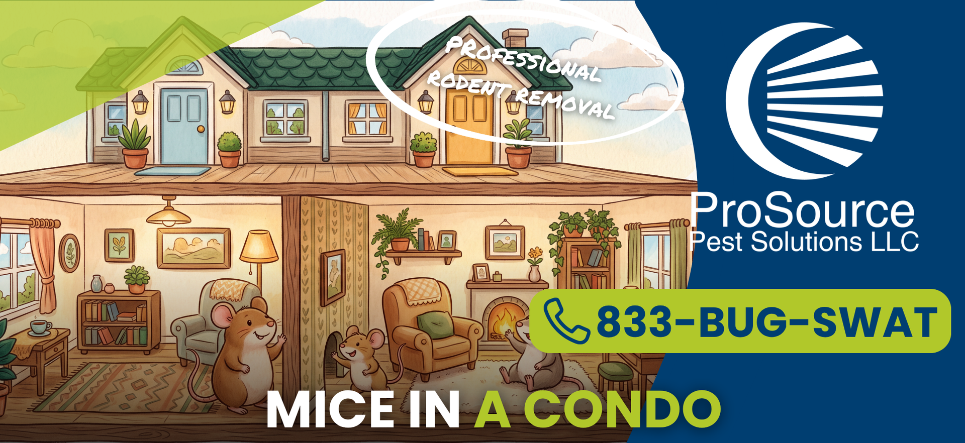 Illustrated condo with mice infestation; ProSource logo and 833-BUG-SWAT callout, “MICE IN A CONDO” text
