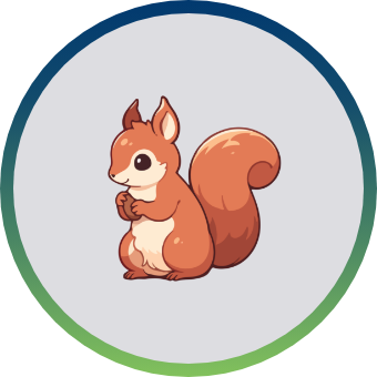 A cute cartoon squirrel with light brown fur holding a nut inside a circular frame with a blue-to-green gradient border.