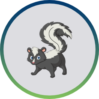 A cartoon skunk with black and white fur, standing in a circle with a blue-to-green gradient border.