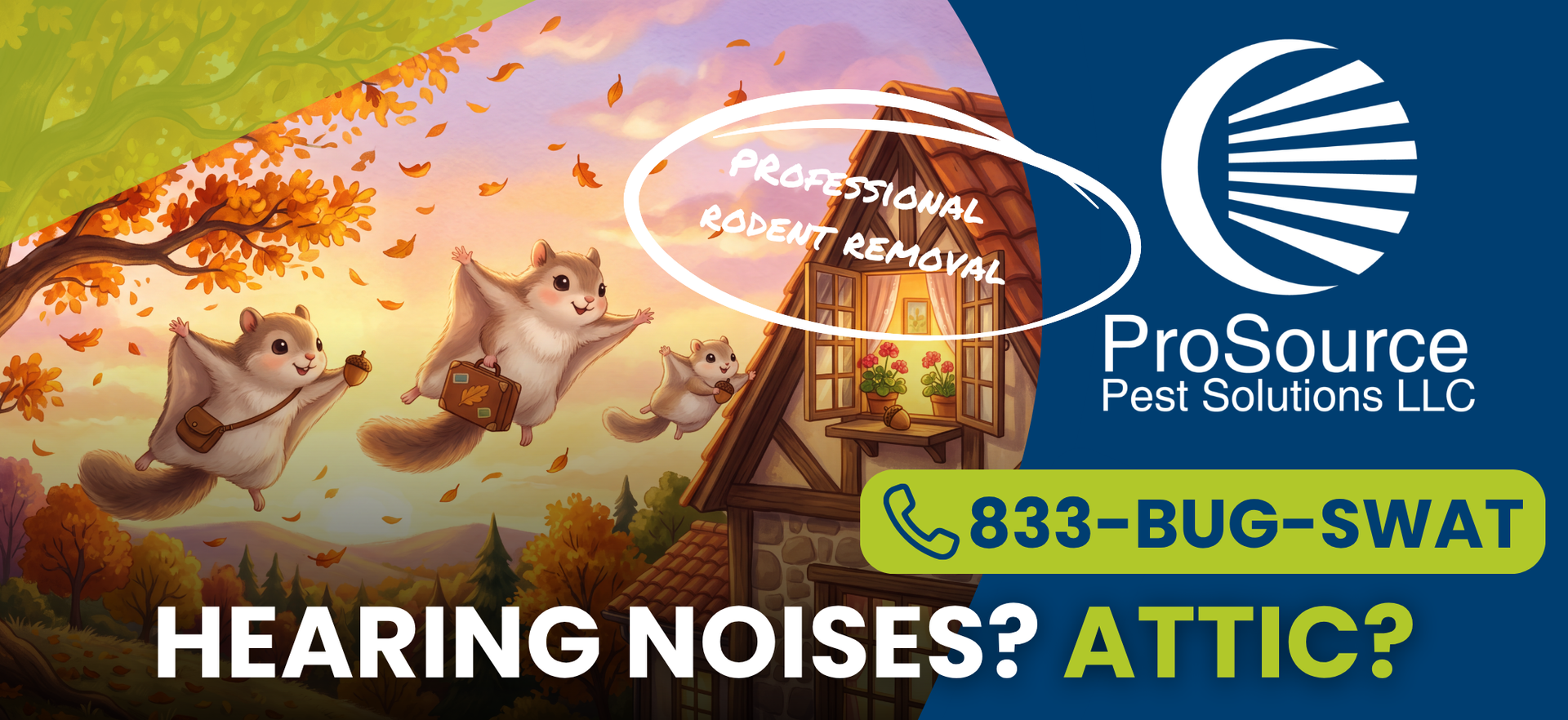 ProSource Pest Solutions attic pest ad with flying rodents and “HEARING NOISES? ATTIC?” text