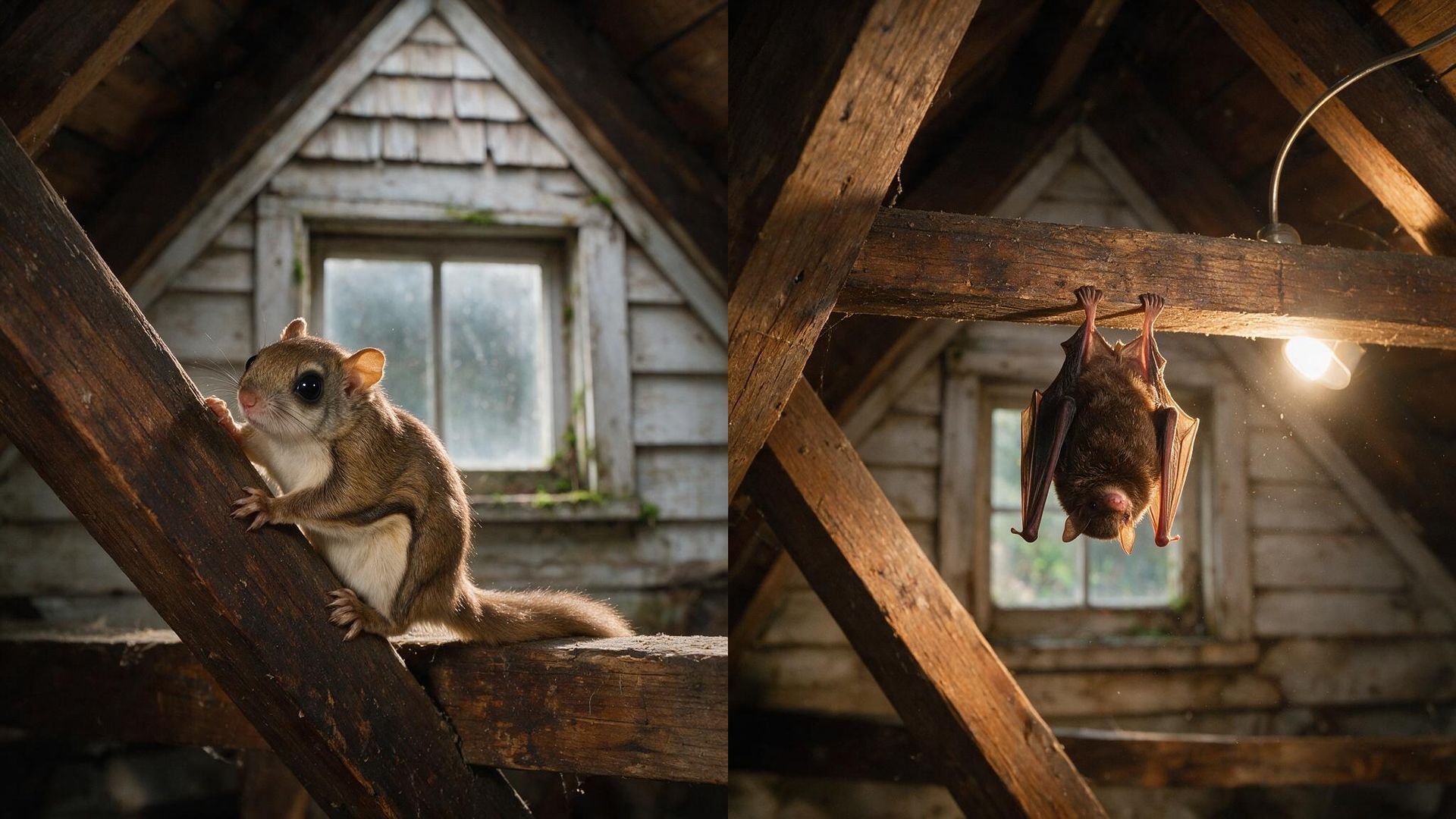 Two squirrels in a wooden attic, one perched on a beam and one hanging upside down near a window.